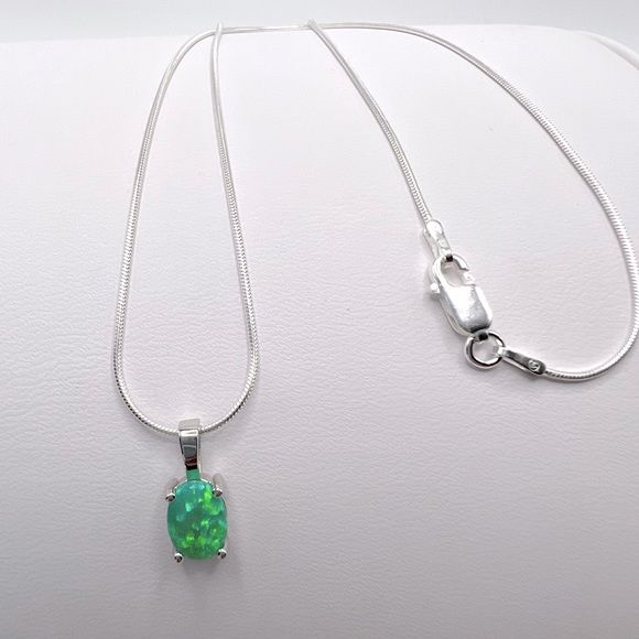 Sterling Silver Green Lab Oval Opal Necklace - Picture 17 of 17